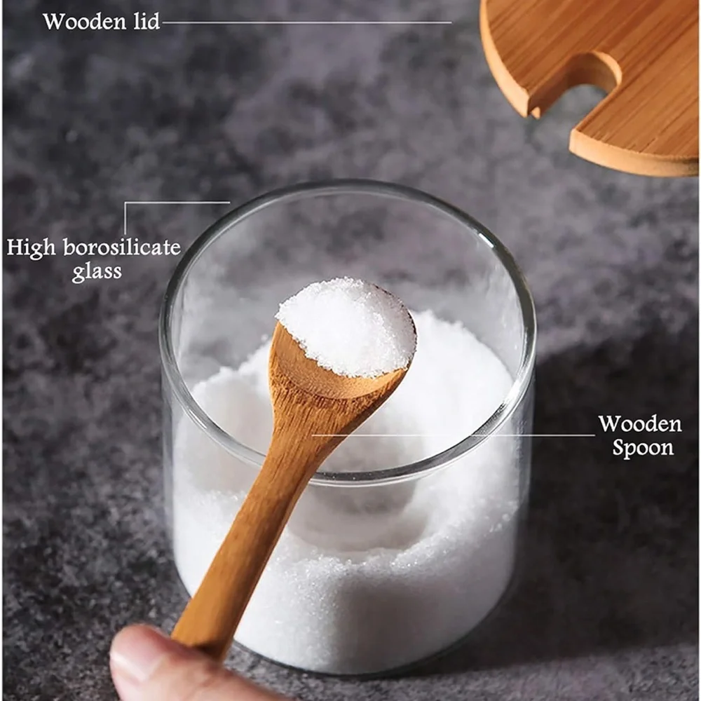 2 PCS Clear Glass Condiment Canister Set with Bamboo Lid & Spoon